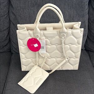 Betsey Johnson Cream Large Heart Quilted Tote